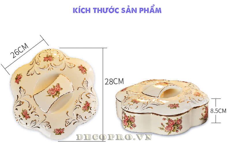 Kích thước khay mứt gốm sứ vẽ vàng thích hợp để trưng ở bàn tiếp khách của các căn chung cư, biệt thự hoặc các ngôi nhà trang trí theo phong cách hiện đại