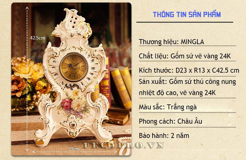 Đồng hồ để bàn gốm sứ vẽ vàng tại Shop bán đồ trang trí nhà Decopro