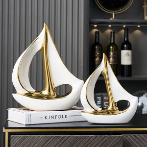 Song Thuyền Gốm sứ mạ vàng decor KTV060