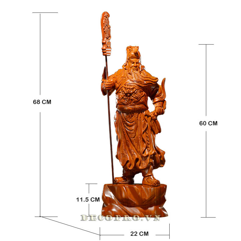Tượng Quan Công được chế tác thủ công với kích thước Dài 22 x Rộng 11.5 x Cao 68cm
