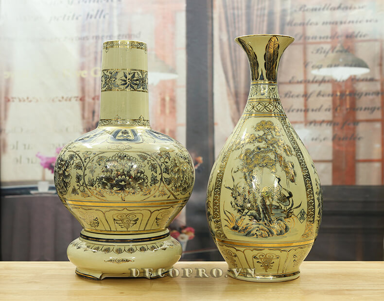 Cặp bình gốm Chu Đậu "Phu Thê" vẽ vàng H50cm tại Shop Decopro.vn