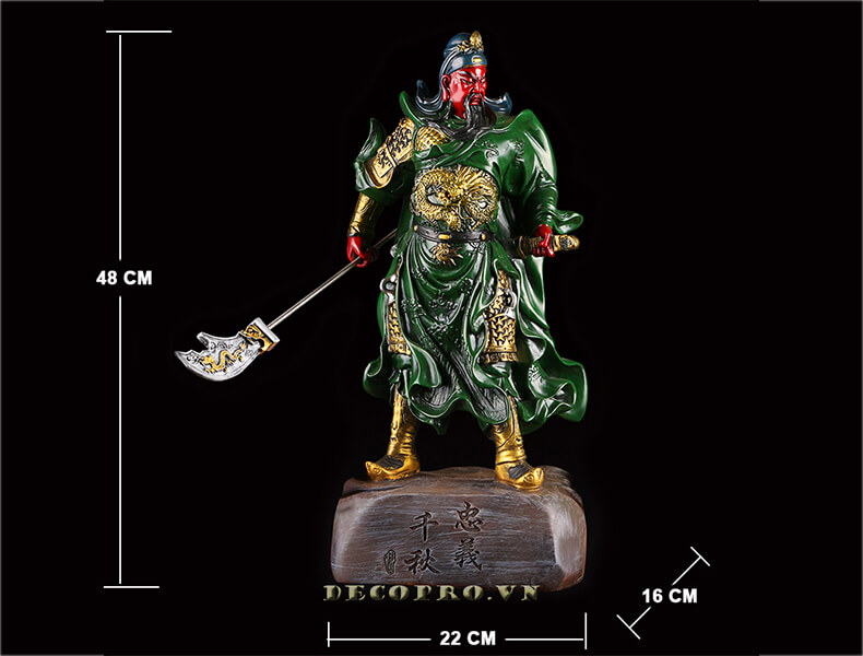Kích thước chuẩn của tượng Quan Công mặc áo giáp màu xanh lá