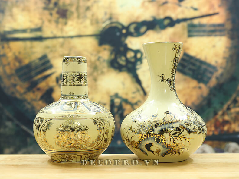 Cặp bình hoa gốm sứ Chu Đậu vẽ vàng – đồ trang trí nhà ấn tượng, quà tân gia sang trọng ý nghĩa