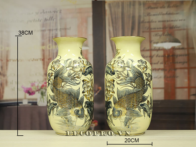 Kích thước lục bình Lý Ngư gốm Chu Đậu vẽ vàng 24k tại Shop Decopro.vn