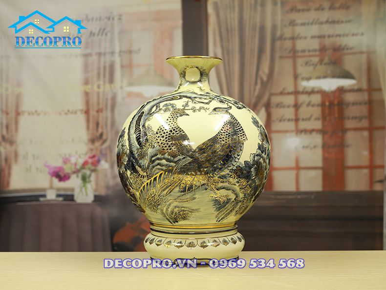 Bình gốm Chu Đậu vẽ vàng uyên ương - Sản phẩm tại shop quà tặng DECOPRO