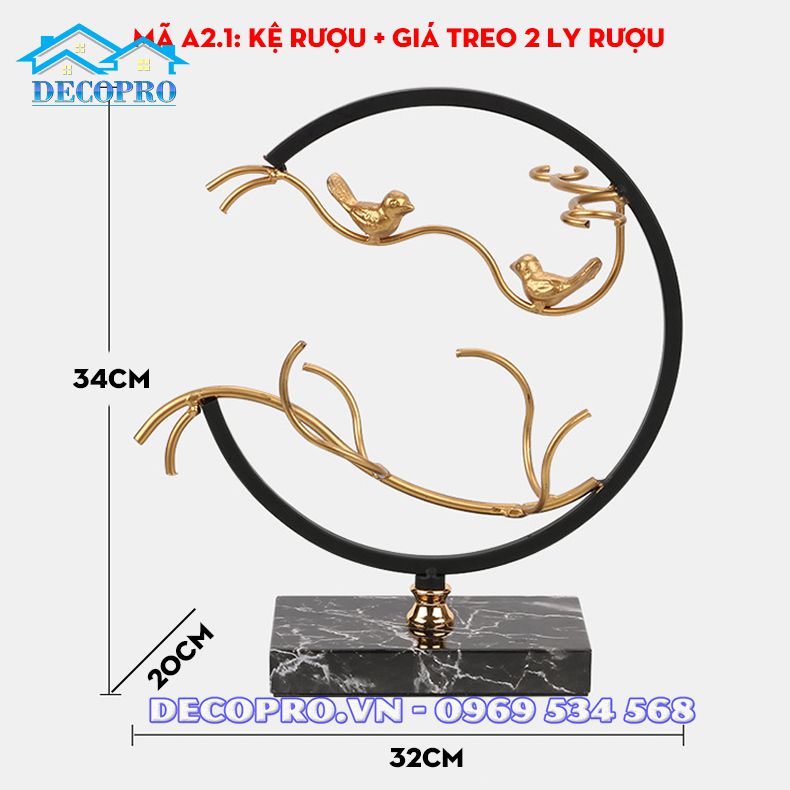 Kích thước mã sản phẩm GTL024-A2.1: Giá để 1 chai rượu + treo 2 ly rượu vang