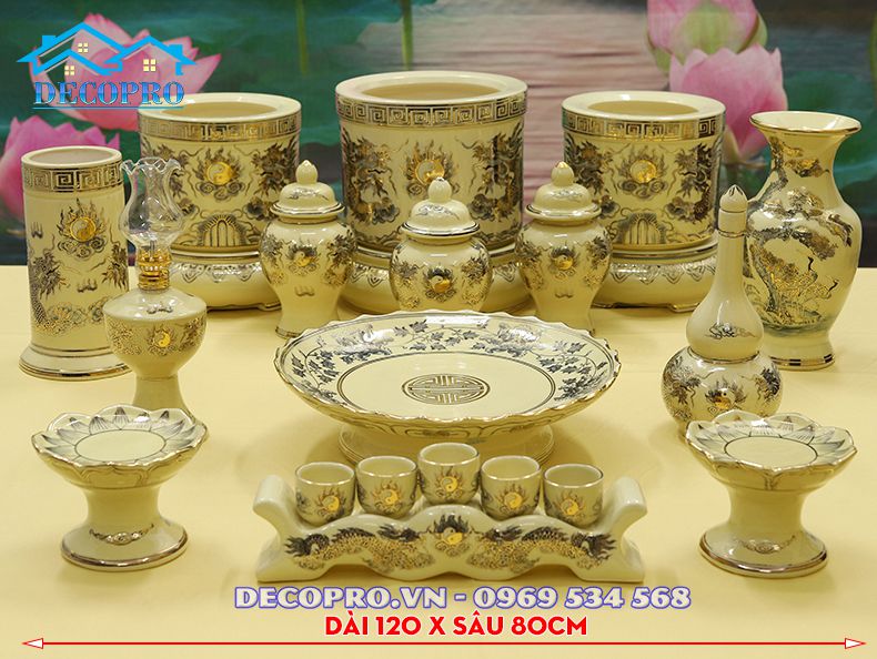 Bộ đồ thờ gia tiên gốm Chu Đậu vẽ vàng tại Docopro