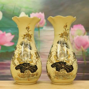 Lọ Hoa Bàn Thờ Gốm Chu Đậu Vẽ Vàng 24k DTK112