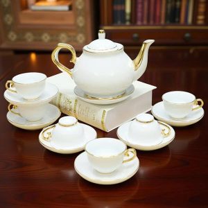 Bộ Ấm Trà Bát Tràng Bạch Ngọc Kẻ Vàng 24k BAT114