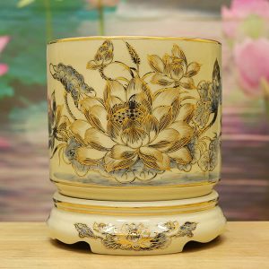 Bát Hương Hoa Sen Gốm Chu Đậu Vẽ Vàng 24k DTK101-B