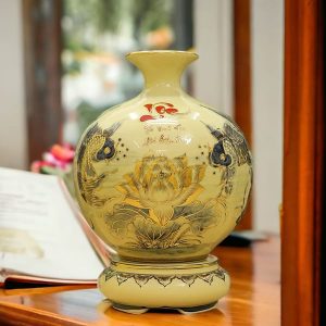 Bình Gốm Cá Chép Hoa Sen Vẽ Vàng Chữ Lộc H25cm