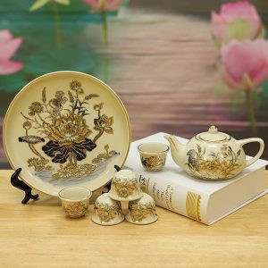Bộ Trà Thờ Gốm Chu Đậu Vẽ Vàng 24k DTK109