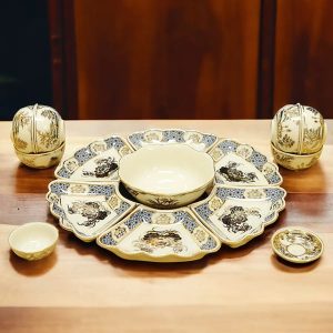 Bộ bát đĩa mặt trời gốm chu đậu vẽ vàng