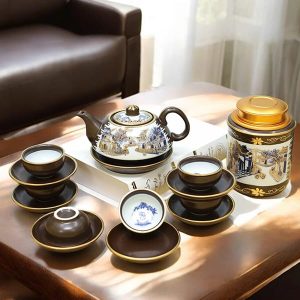 Bộ ấm chén trà đạo Phố Cổ Hà Nội vẽ vàng 24k BAT136